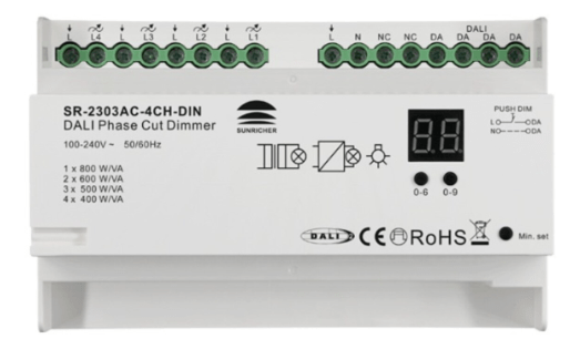 The Sunricher SR-2303AC-4CH-DIN is a DIN rail mountable 4 channel DALI-2 to AC dimming (TRIAC) converter.    It takes the output from a DALI-2 controller and “chops” the AC output to control AC dimmable or TRIAC dimmable lighting gear.    There are four 1